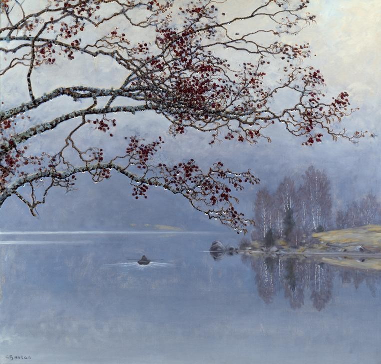 Gustaf Edolf Fjaestad, Herbststimmung am See (Freilichtmalerei,Gewässer,Herbst,Jahreszeiten,Kunst,Landschaft,Ruderboot,Schwedische Kunst,Skandinavische Kunst,Privatsammlung)