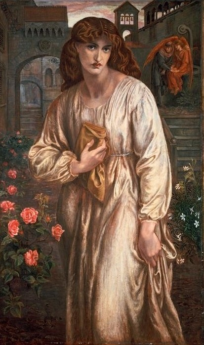 Dante Gabriel Rossetti, The Salutation of Beatrice (Frau, Schönheit, Garten, Rosen, Buch, mittelalterliche Stadt, Engel, Symbolismus, Malerei, Wohnzimmer,)