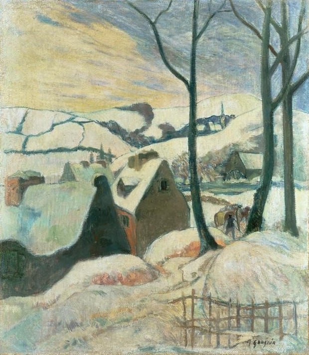 Paul Gauguin, Village sous la neige (Bauernhaus,Dorfstrasse,Dorf,Haus,Jahreszeiten,Kunst,Landschaft,Mann,Wetter,Winter,Schnee,Zaun,Architekturdarstellung,Französische Kunst,Jahrhundertwende,Synthetismus,Pferdegespann,Schule Von Pont-Aven)