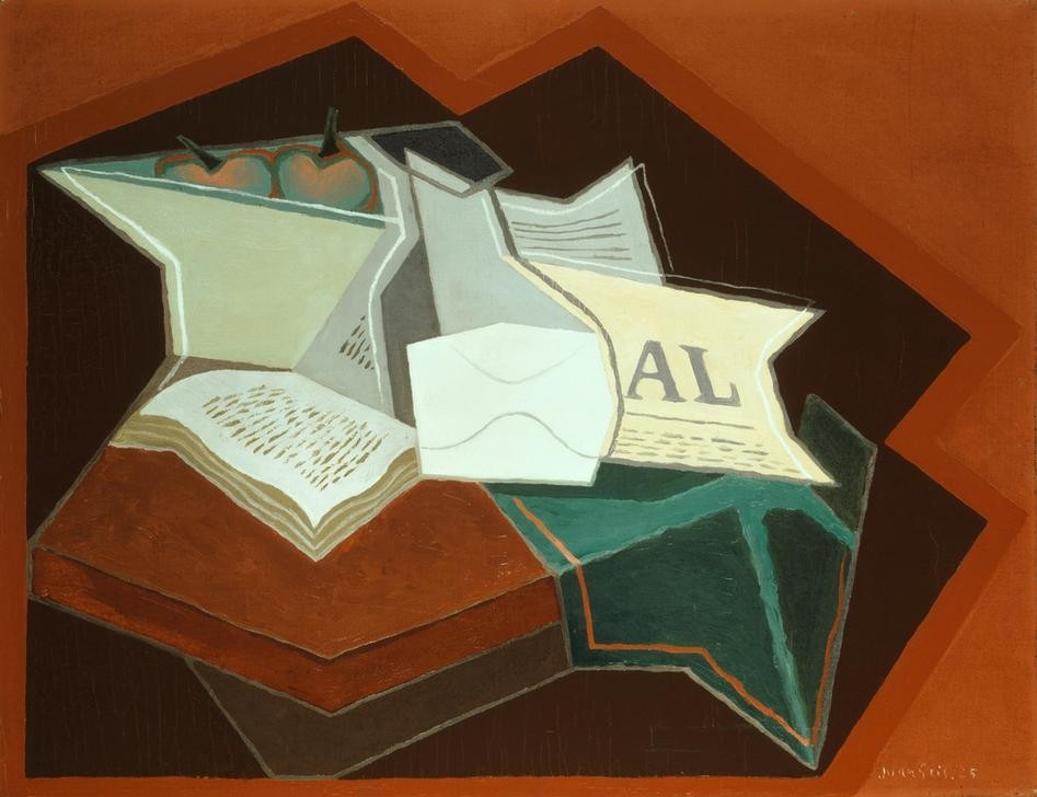 Juan Gris, Compotier, carafe et livre ouvert (Stillleben, Obstschale, Karaffe, Umschlag, Buch, Tisch, Wunschgröße, Kubismus, Klassische Moderne, Malerei, Wohnzimmer, bunt)