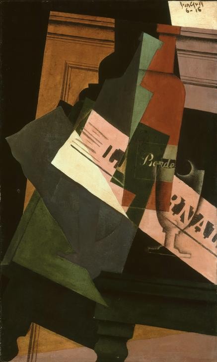 Juan Gris, Bouteille, verre et journal (Stillleben,Flaschem Glas, Zeitung, Tisch, Wunschgröße, Kubismus, Klassische Moderne, Malerei, Wohnzimmer, bunt)