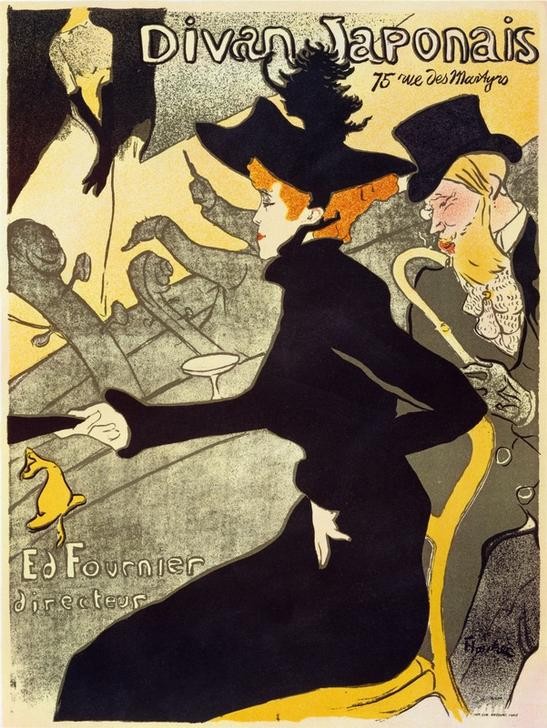 Henri de Toulouse-Lautrec, Divan Japonais (Damenmode,Herrenmode,Jugendstil,Kabarett,Kunst,Mode,Musik,Nachtleben,Orchester,Theater,Variete (Entertainment),Werbung,Zylinder (Hut),Hut,Plakat,Revue (Musiktheater),Französische Kunst,Konzertcafe,Paar,Eleganz,Fin De Siecle,Zuschauen,Zuschauer,Jahrhundert)