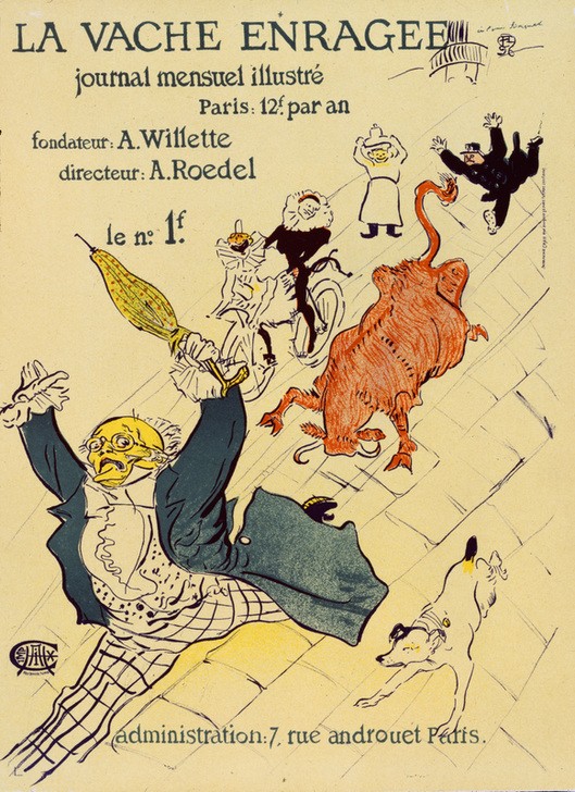 Henri de Toulouse-Lautrec, La Vache Enragée (Jugendstil,Karikatur,Kunst,Publizistik,Rind,Strassenszene,Szene,Werbung,Plakat,Zeitschrift,Angst,Flucht,Kampf Zwischen Mensch Und Tier,Bilder Erzählen Eine Geschichte,Französische Kunst,Verfolgung,Belle Epoque,Fin De Siecle,Tier,Humor (Witz),Jahrhundertwe)