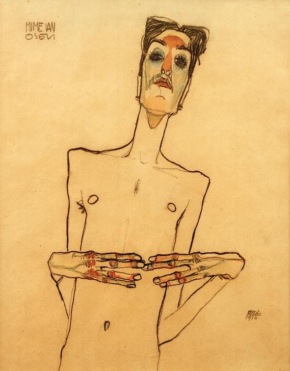 Egon Schiele, Erwin Dominik Osen mit aneinandergelegten Fingerspitzen (Künstler,Kunst,Maler (Künstler),Mann,Pantomime,Akt,Hand,Portrait,Expressionismus,Österreichische Kunst,Halbfigur,Magerkeit,Person,Finger)