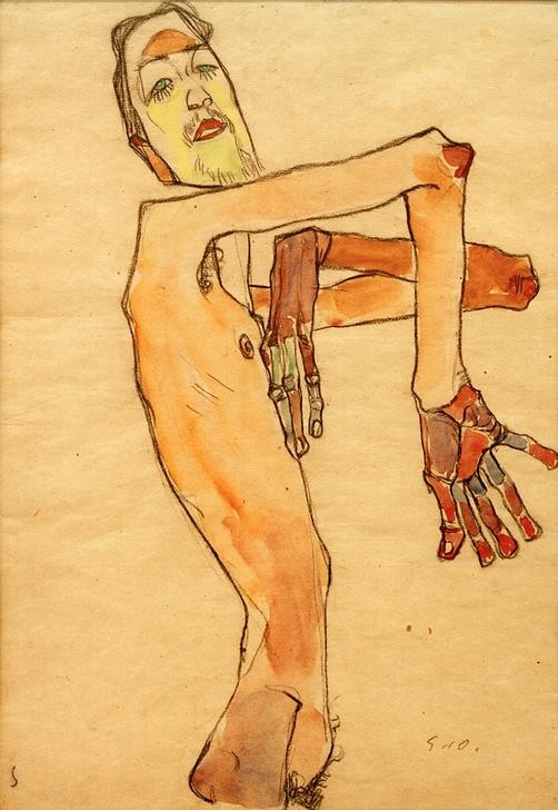 Egon Schiele, Erwin Dominik Osen als Akt mit überkreuzten Armen (Künstler,Kunst,Maler (Künstler),Mann,Pantomime,Akt,Portrait,Expressionismus,Österreichische Kunst,Halbfigur,Magerkeit,Gekreuzte Arme,Person)