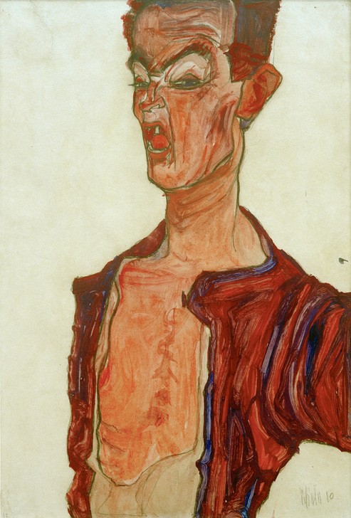 Egon Schiele, Selbstdarstellung, grimassierend (Künstler,Kunst,Maler (Künstler),Mann,Zeichner,Selbstbildnis,Portrait,Expressionismus,Österreichische Kunst,Grimasse,Mimik,Halbprofil,Person)