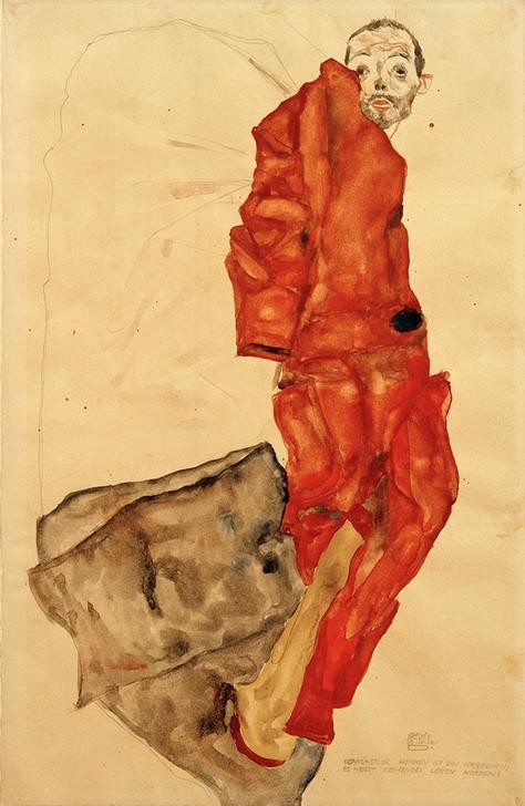 Egon Schiele, Den Künstler hemmen ist ein Verbrechen, es heisst keimendes Leben morden! (Gefängnis,Künstler,Kunst,Maler (Künstler),Mann,Recht,Strafe,Zeichner,Selbstbildnis,Gefangener,Portrait,Expressionismus,Österreichische Kunst,Verzweiflung,Haft,Zitat,Person)