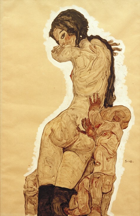 Egon Schiele, Mutter und Kind (Baby,Familie,Frau,Kind,Kunst,Mensch,Mutter Und Kind,Strumpf,Akt,Kleinkind,Expressionismus,Rückenakt,Rückenfigur,Österreichische Kunst,Damenstrumpf,Doppelportrait,Blick Aus Dem Bild,Kniestück)
