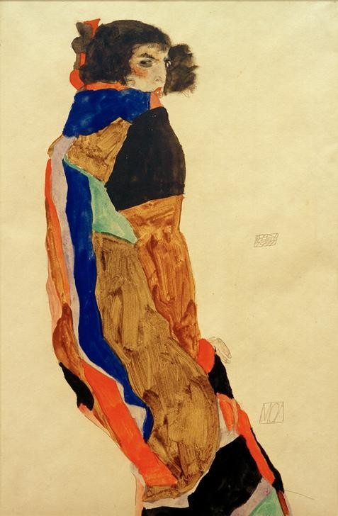 Egon Schiele, Moa (Frau,Jugendstil,Kunst,Mensch,Portrait,Expressionismus,Österreichische Kunst,Blick Über Die Schulter,Tuch,Verhüllung (Kleidung),Umhang)