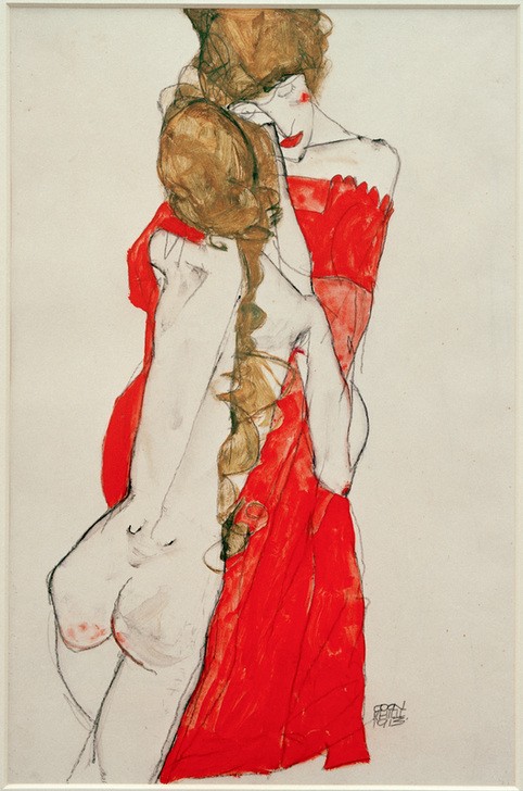 Egon Schiele, Mutter und Tochter (Familie,Frau,Kind,Kunst,Mädchen,Mensch,Mutter Und Kind,Expressionismus,Mutter Und Tochter,Umarmung,Rückenakt,Rückenfigur,Österreichische Kunst,Jugendliche,Langes Haar,Junge Frau,Rot)