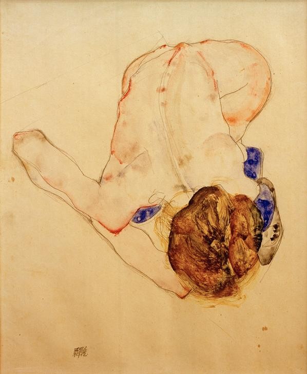 Egon Schiele, Nach vorn gebeugter Akt mit blauen Strümpfen (Frau,Kunst,Strumpf,Akt,Expressionismus,Rückenakt,Rückenfigur,Österreichische Kunst,Blau,Damenstrumpf)