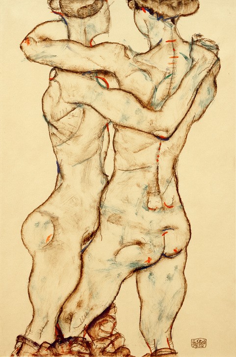 Egon Schiele, Sich umarmende Mädchenakte (Erotik,Frau,Kunst,Liebe,Liebespaar,Mädchen,Lesbische Liebe,Akt,Expressionismus,Umarmung,Österreichische Kunst,Erotische Kunst,Junge Frau,Kniestück)