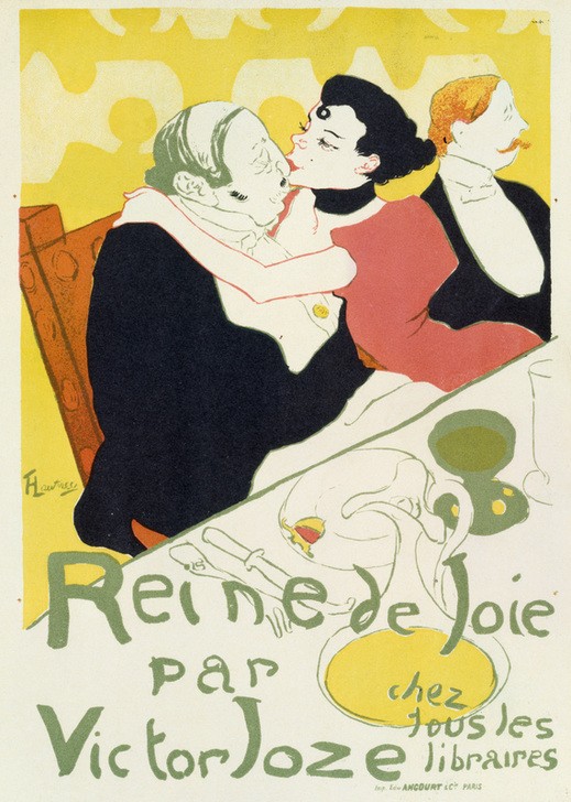 Henri de Toulouse-Lautrec, Reine de Joie (Erotik,Kurtisane,Handel,Jugendstil,Kunst,Literatur,Nachtleben,Prostitution,Tafelsitten,Ungleiches Paar,Werbung,Plakat,Kuss,Geliebte,Prostituierte,Roman,Verführung,Französische Kunst,Sexualität,Paar,Gebrauchsgrafik,Reichtum,Liebhaber,Überfluss,Fin De Siecl)