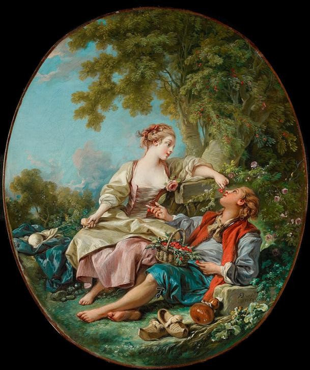 Francois Boucher, Les sabots (Frau,Handarbeit,Kirsche,Kunst,Liebe Und Ehe,Liebespaar,Mann,Mensch,Obst,Rokoko,Französische Kunst,Korb,Im Freien (Allgemein),Barfuss,Holzschuhe,Junge Frau,Wollknäuel,Strickzeug,Naturverbundenheit,Oval,Obstkorb,Junger Mann)