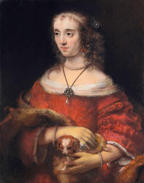 Rembrandt Harmenszoon van Rijn, Porträt einer Dame mit Schoßhund (Damenmode,Frau,Kunst,Mensch,Mode,Schmuck,Ohrring,Perle,Barock,Hund,Portrait,Halskette,Perlenkette,Niederländische Kunst,Wohlstand,Schosshund,Haustier,Reichtum,Frau Und Tier,Armband,Locke,Perlenarmband)