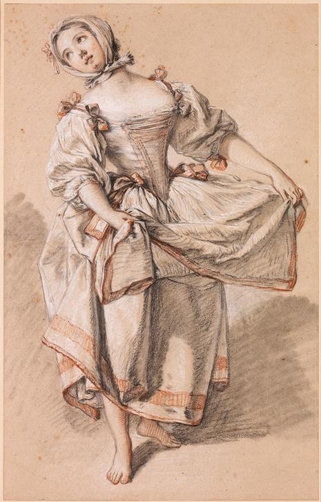 Francois Boucher, Tanzendes junges Mädchen vom Lande (Frau,Kunst,Mädchen,Musik,Tänzerin,Tanz,Schönheit,Rokoko,Portrait,Volkstanz,Schürze,Französische Kunst,Kleid,Barfuss,Schleife,Landbevölkerung,Puffärmel,Junge Frau,Ganzfigurig,Dorfbewohner,Kopftuch)