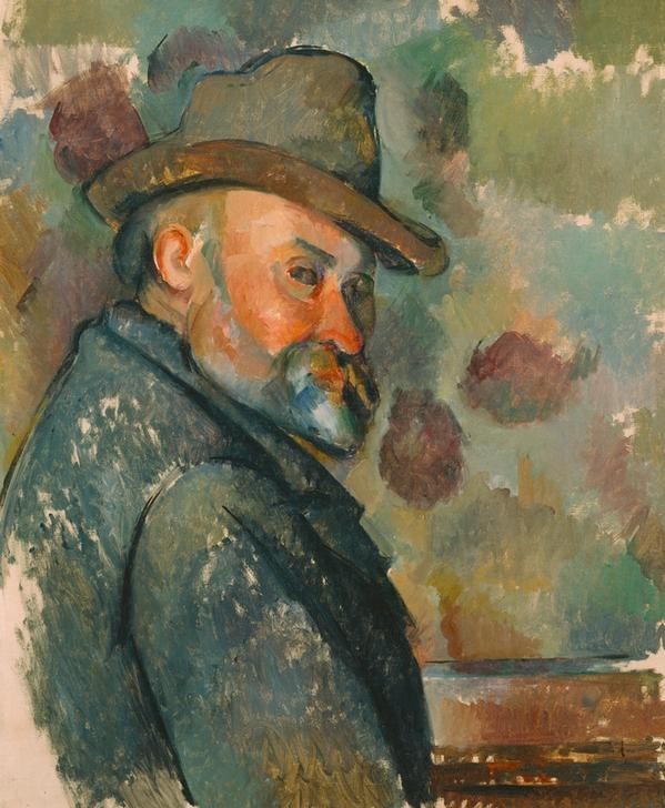 Paul Cézanne, Selbstbildnis mit Filzhut (Kopfbedeckung,Künstler,Kunst,Maler (Künstler),Mann,Impressionismus,Bart,Hut,Selbstbildnis,Portrait,Französische Kunst,Brustbild,Blick Über Die Schulter,Person,Filzhut)