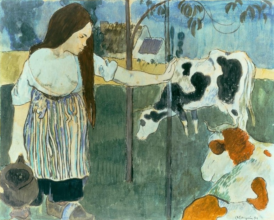 Paul Gauguin, La vachère (Bauer (Landwirt),Landschaft,Rinderzucht,Rind,Volkskunde,Bäuerin,Französische Kunst,Sennerin,Holzschuhe,Hirtin,Synthetismus,Landwirtschaft,Viehzucht,Krug)