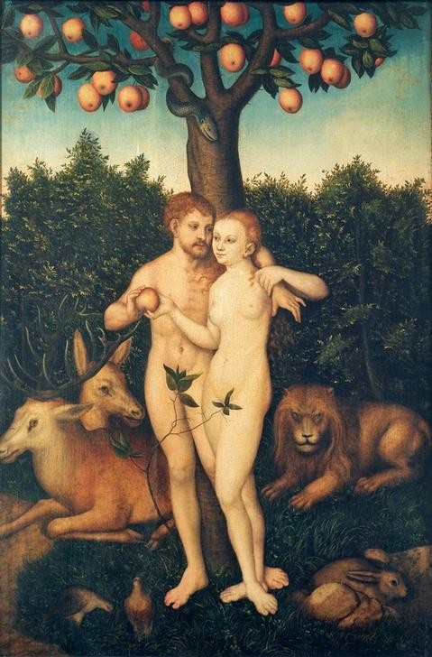 Lucas Cranach der Ältere, Der Sündenfall (Adam und Eva, Paradies, Frieden, Tiere, Baum der Erkenntnis, Sündenfall, Bibel, Genesis, Altes Testament, Schlange, Apfel, Aktmalerei,  Klassiker, Renaissance, Wunschgröße, Wohnzimmer)