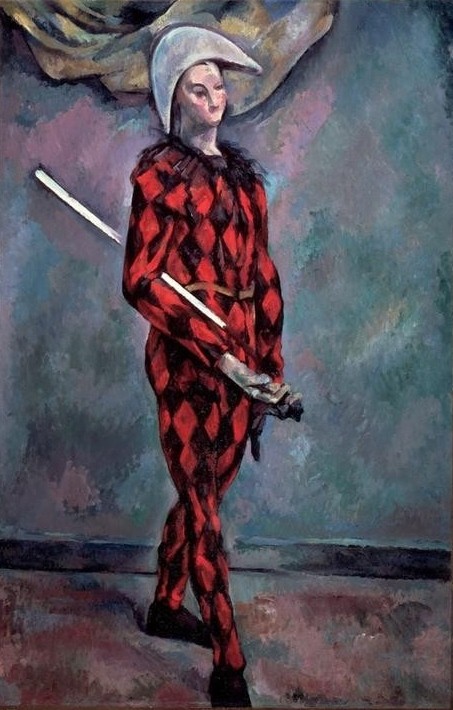 Paul Cézanne, Arlequin (Commedia Dell'arte,Mann,Rollenbild,Schauspieler,Theater,Impressionismus,Kostüm (Verkleidung),Portrait,Komödie,Harlekin,Französische Kunst,Ganzfigurig,Gemustert,Raute (Form),Komödiant)