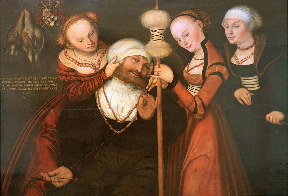 Lucas Cranach der Ältere, Herkules am Spinnrocken zwischen den lydischen Mädchen (Mythologie, Held, Antike, Spinnen, Wolle, Renaissance, Frauen, Eleganz, Mode,  Klassiker, Renaissance, Wunschgröße, Wohnzimmer)