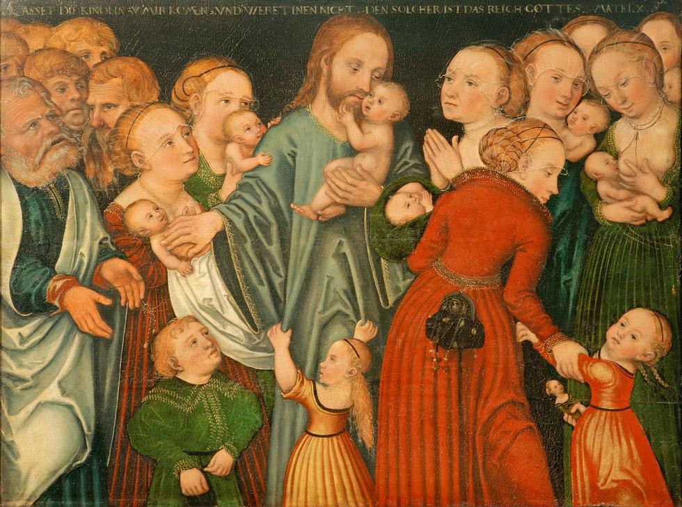 Lucas Cranach der Ältere, Christus segnet die Kinder (Bibel, Neues Testament, Jesus Christus, Segnen, Kinder, Mütter, Menschenmenge, Klassiker, Renaissance, Wunschgröße, Wohnzimmer)