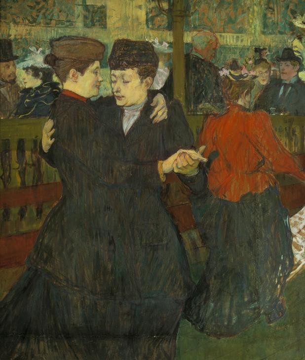 Henri de Toulouse-Lautrec, Au Moulin-Rouge. Les deux danseuses (Gastronomie,Gesellschaftstanz,Liebe,Musik,Nachtleben,Tanz,Lesbische Liebe,Tanzlokal,Nachtlokal,Französische Kunst,Paar,Jahrhundertwende,Vergnügungslokal)