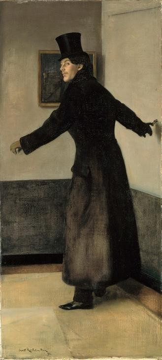 William Rothenstein, Der hinausgehende Mann (Ausstellung,Herrenmode,Künstler,Kunstausstellung,Kunst,Maler (Künstler),Mantel,Mann,Mode,Zylinder (Hut),Bild Im Bild,Portrait,Englische Kunst,Ganzfigurig,Blick Über Die Schulter,Person)