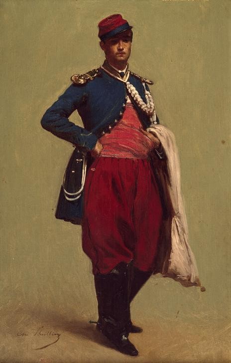 Charles-Marie Lhuillier, Portrait de Claude Monet en uniforme de chasseur d’Afrique (Künstler,Maler (Künstler),Mann,Militär,Soldat,Uniform,Portrait,Französische Kunst,Ganzfigurig,Chasseur D'afrique,Person)