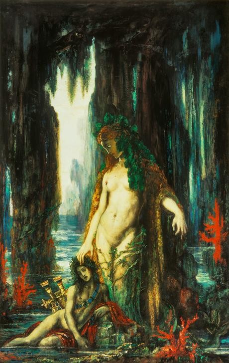 Gustave Moreau, Le poète et la sirène (Frau,Dichter,Küste,Kunst,Landschaft,Mann,Mythologie,Wasser,Meer,Nymphe,Symbolismus,Fabelwesen,Nixe,Grotte,Geschlechterrollen,Felsen,Französische Kunst,Meerjungfrau,Steilküste,Jahrhundertwende,Sirene (Fabelwesen),Griechisch-Römische Mythologie,Zauberei)