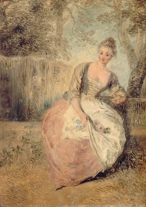 Jean-Antoine Watteau, L’Amante inquiète (Damenmode, Frau, Garten Und Park Liebe, Mädchen, Rose, Sehnsucht, Rokoko, Erwartung,   Verliebt, Rendez-Vous,  Wohnzimmer, Klassiker,  Wunschgröße)