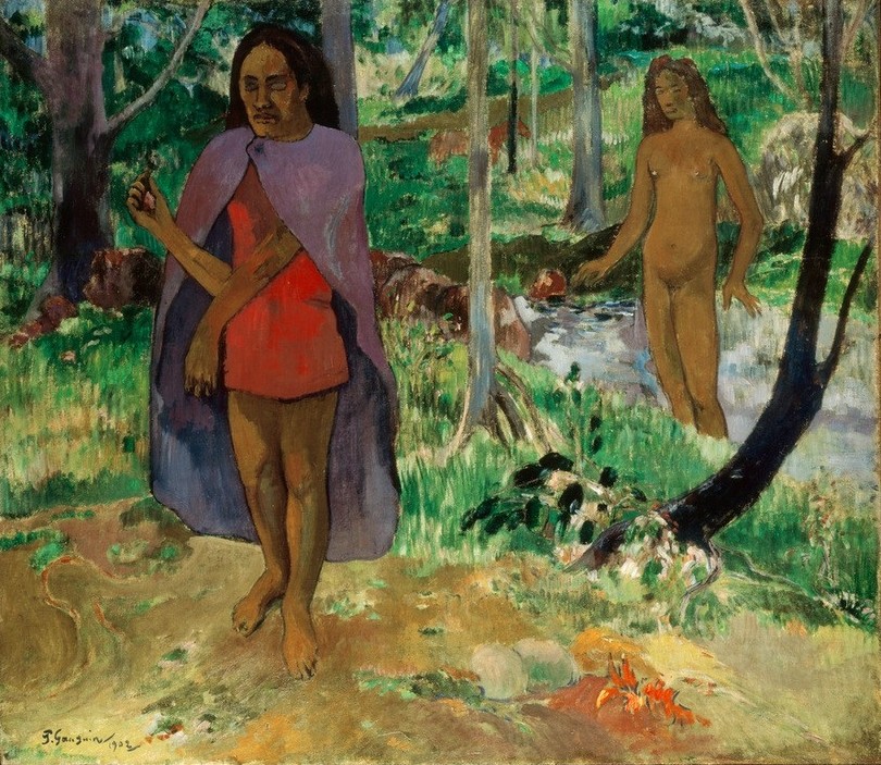 Paul Gauguin, Incarnation (Frau,Gewässer,Kunst,Landschaft,Mann,Mensch,Religion,Völkerkunde,Wald,Fluss,Magie,Akt,Portrait,Französische Kunst,Medizinmann,Erscheinung,Cape,Exotik,Jahrhundertwende,Ureinwohner,Inkarnation,Geschlossene Augen,Zauberer,Umhang,Zauberei)