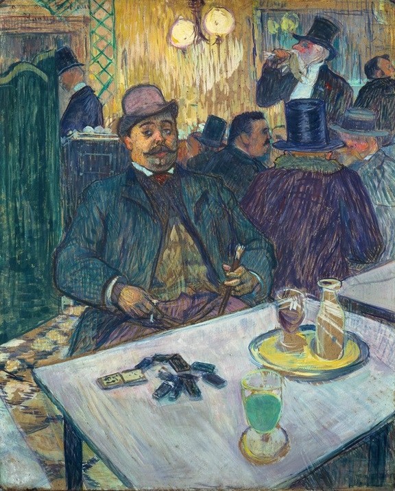 Henri de Toulouse-Lautrec, Monsieur Boileau au café (Fettleibigkeit,Gastronomie,Gesellschaft,Mann,Spiel,Portrait,Französische Kunst,Wohlstand,Absinth,Cafe,Absinthglas,Domino (Spiel))