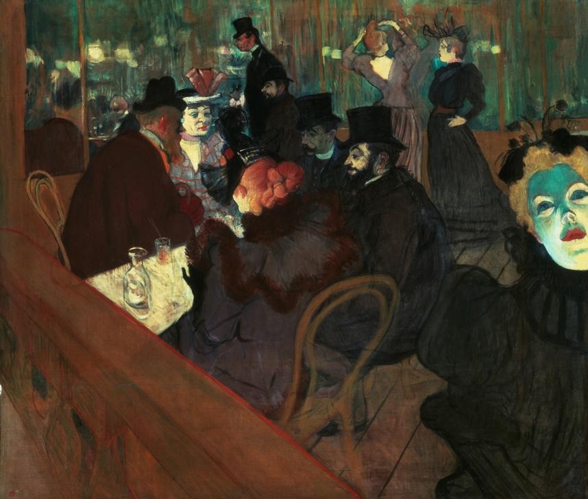 Henri de Toulouse-Lautrec, Im Moulin Rouge (Gastronomie,Gesellschaftliches Leben,Gesellschaft,Herrenmode,Künstlerleben,Künstler,Licht Und Beleuchtung,Nachtleben,Tanz,Zylinder (Hut),Selbstbildnis,Tanzlokal,Nachtlokal,Französische Kunst,Rote Haare,Fin De Siecle,Jahrhundertwende,Vergnügungslokal)