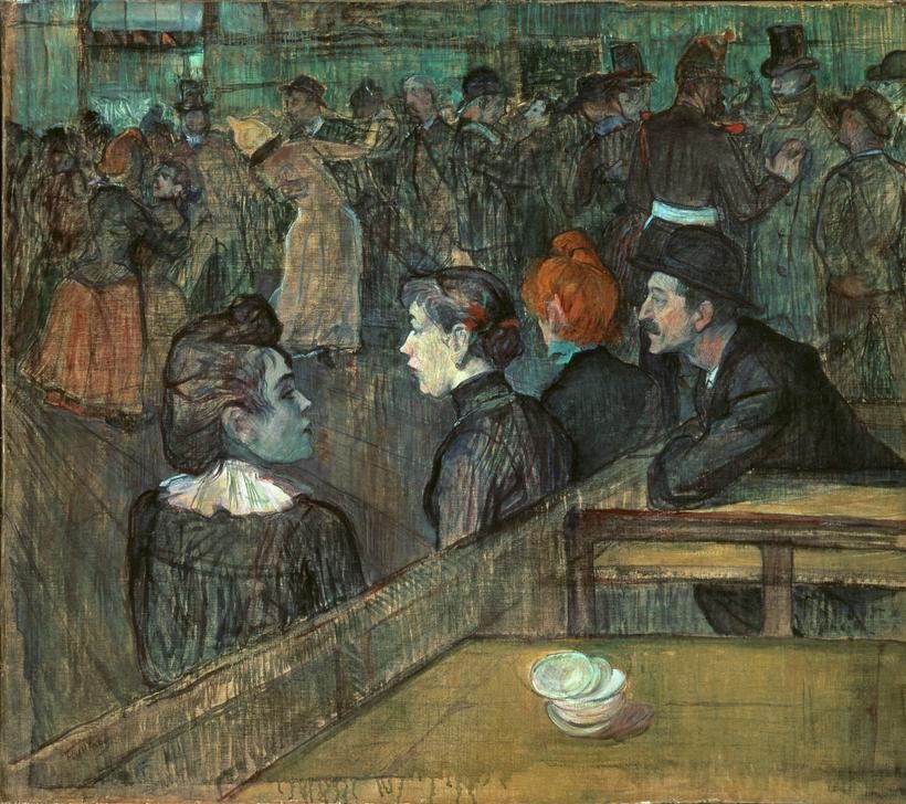 Henri de Toulouse-Lautrec, Le Moulin de la Galette (Frau,Gastronomie,Gesellschaftstanz,Künstlerleben,Künstler,Mann,Musik,Nachtleben,Tanz,Tanzlokal,Nachtlokal,Portrait,Französische Kunst,Erwartung,Warten,Rote Haare,Zuschauen,Zuschauer,Tanzboden,Kommunikationslosigkeit,Zuschauerin,Stadtleben,Vergnügungslokal)