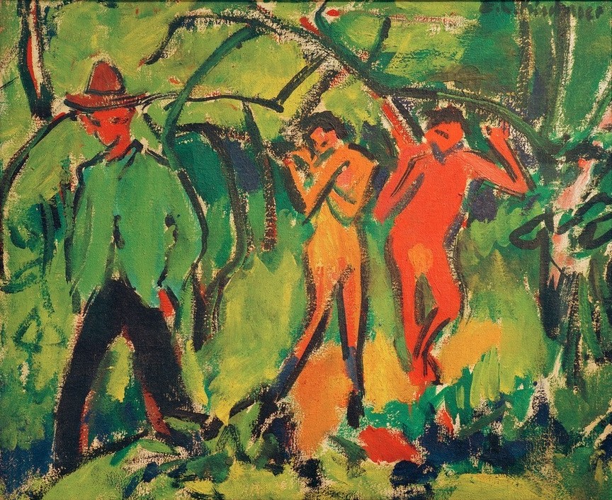 Ernst Ludwig Kirchner, Im Wald (Deutsche Kunst,Frau,Kunst,Landschaft,Mann,Mensch,Freizeit,Spaziergang,Wald,Akt,Expressionismus,Reise,Die Brücke)
