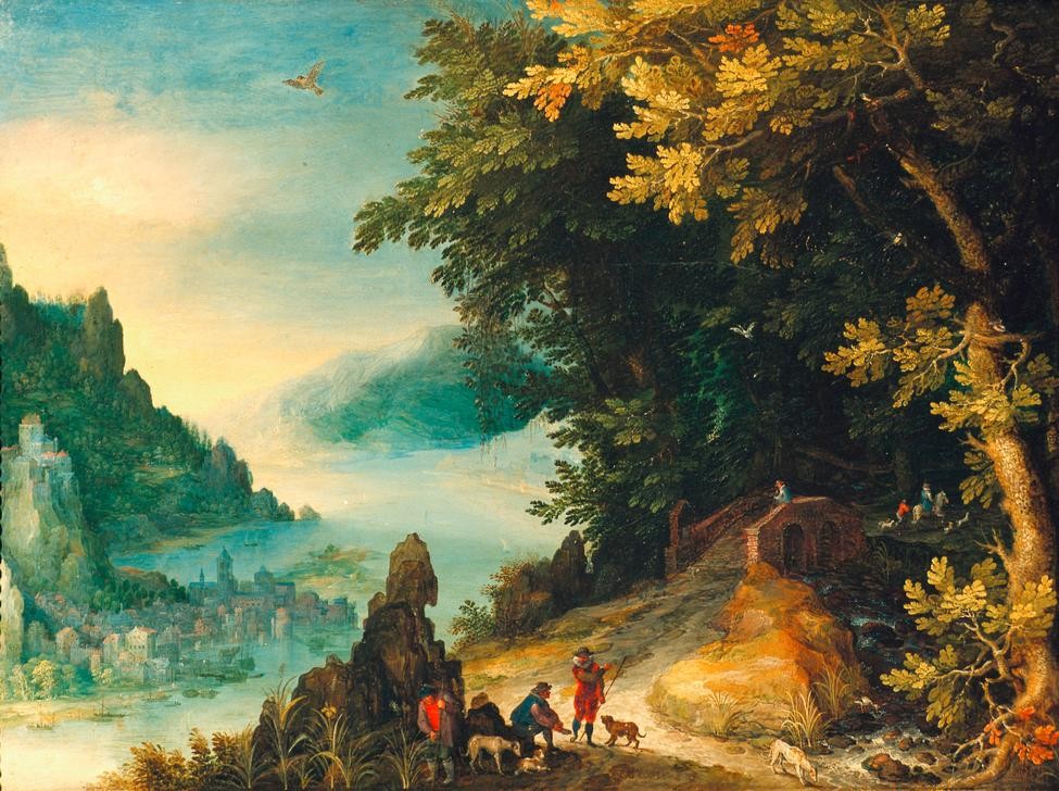 Jan Brueghel der Ältere, Weite Flußlandschaft mit rastenden Wanderern (Landschaft,Rast,Wald,Laubwald,Renaissance,Fluss,Weltlandschaft,Weg,Niederländische Kunst,Wanderer)