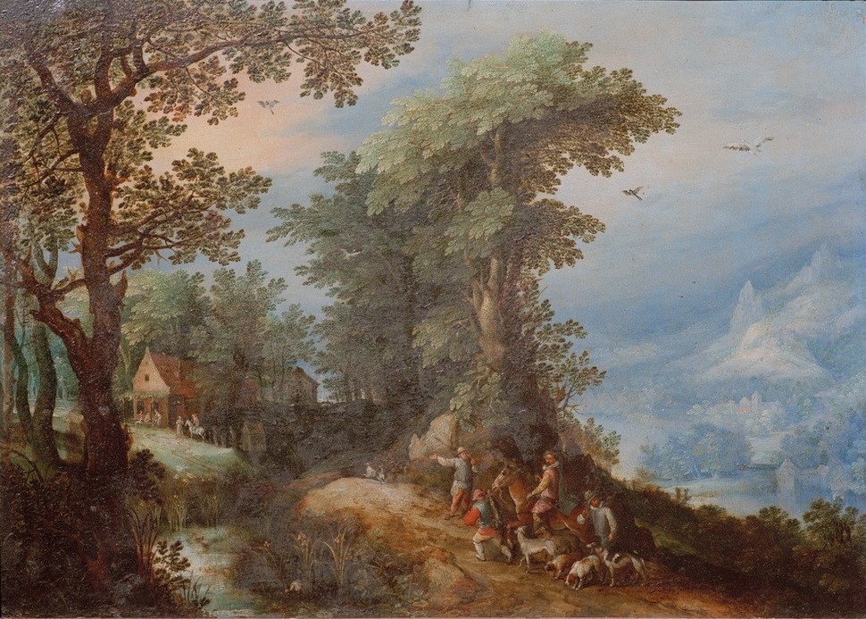 Jan Brueghel der Ältere, Rückkehr von der Jagd (Jäger,Jagd,Landschaft,Renaissance,Baum,Jagdhund,Niederländische Kunst,Laubbaum,Luftperspektive)