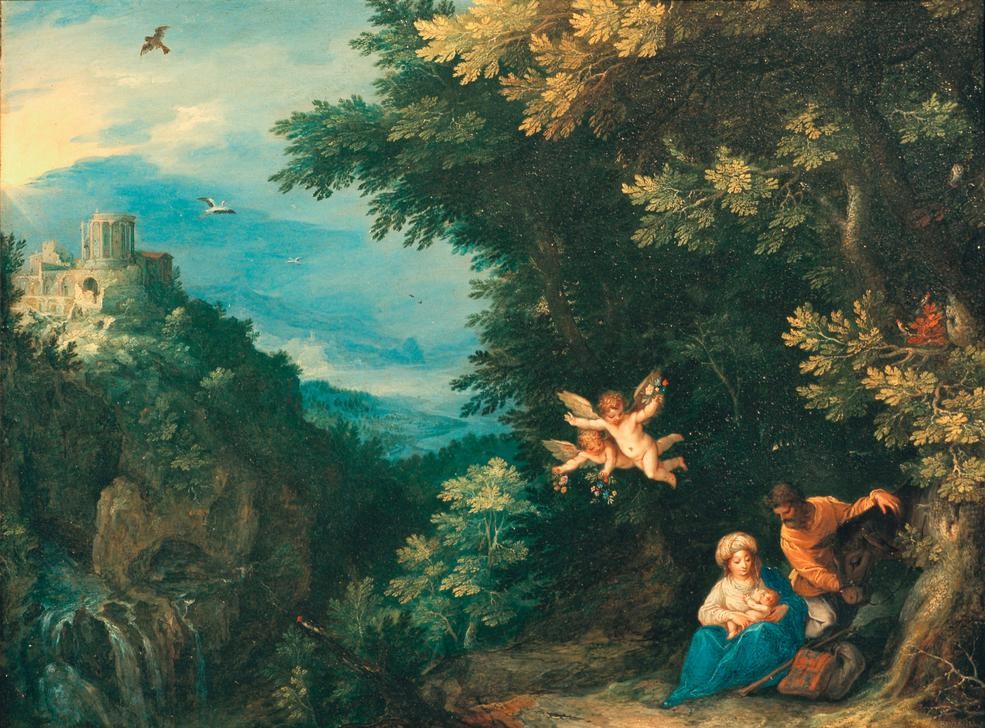 Jan Brueghel der Ältere, Ruhe auf der Flucht mit Tivoli-Tempel (Christentum,Landschaft,Religion,Wald,Laubwald,Heilige Familie,Neues Testament,Bibel,Ruhe Auf Der Flucht,Flucht Nach Ägypten,Niederländische Kunst,Kindheit Jesu)