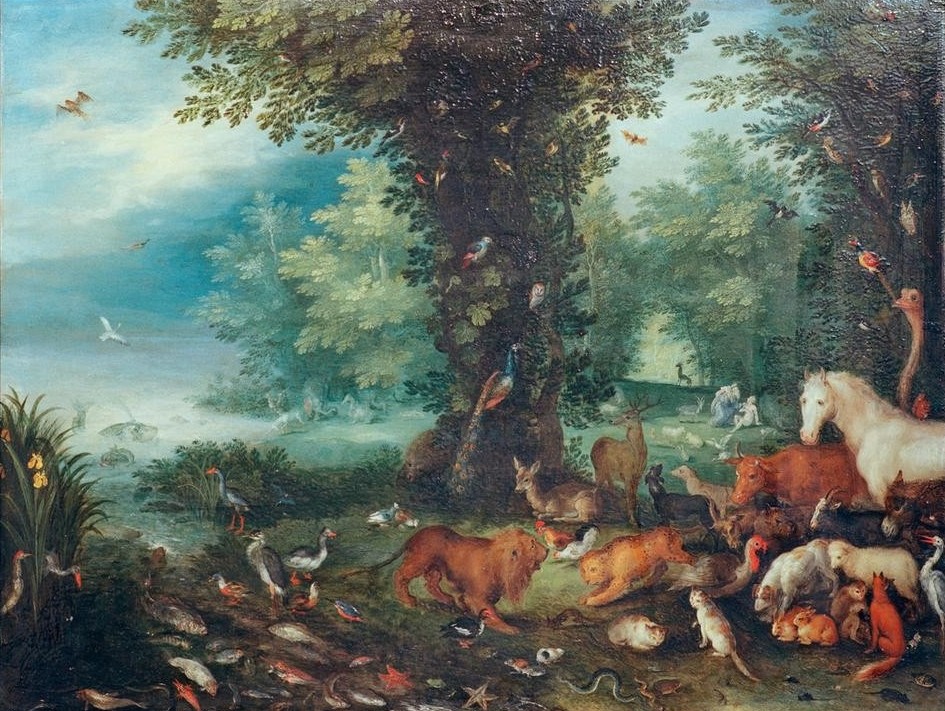 Jan Brueghel der Ältere, Paradieslandschaft mit der Erschaffung des Menschen (Zoologie,Renaissance,Altes Testament,Bibel,Erschaffung Adams,Paradies,Niederländische Kunst,Jüdisch-Christlich)