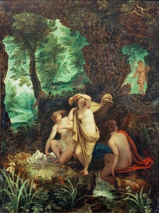 Jan Brueghel der Ältere, Landschaft mit Diana und Aktäon (Bad Im Freien,Bad,Erotik,Frau,Landschaft,Mythologie,Wald,Renaissance,Akt,Metamorphose,Voyeurismus,Niederländische Kunst,Griechisch-Römische Mythologie)