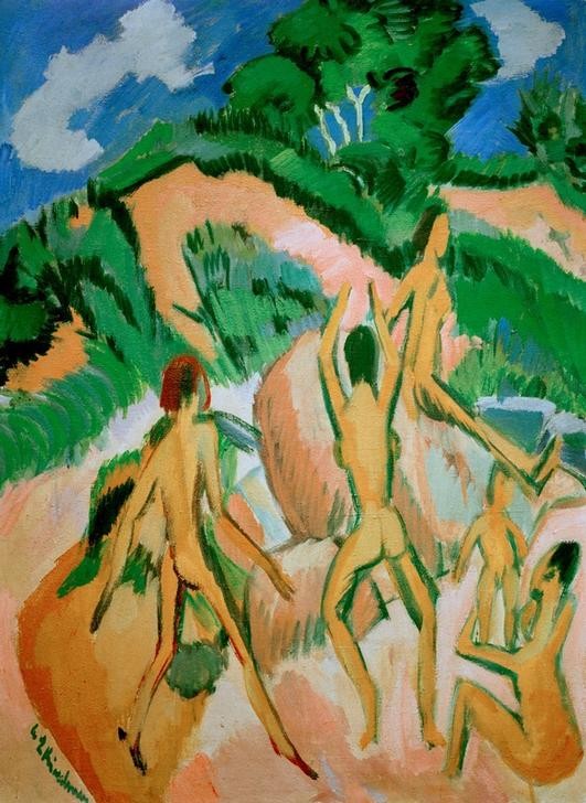 Ernst Ludwig Kirchner, Badende zwischen Dünen (Fehmarn) (Bad Im Freien,Deutsche Kunst,Freikörperkultur,Freizeit,Seebad,Strand,Akt,Expressionismus,Reise,Die Brücke)