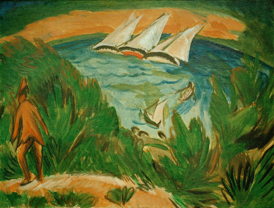 Ernst Ludwig Kirchner, Segelboote im Sturm (Deutsche Kunst,Küste,Landschaft,Meer,Segelboot,Expressionismus,Die Brücke,Sturm,Schifffahrt)