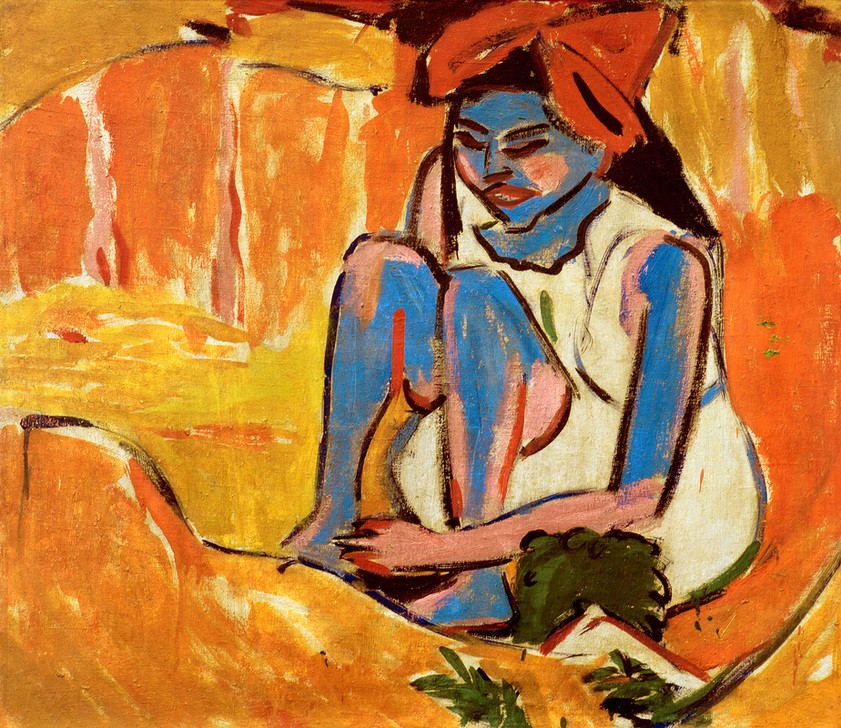 Ernst Ludwig Kirchner, Das blaue Mädchen in der Sonne (Deutsche Kunst,Kind,Kunst,Mädchen,Mensch,Portrait,Expressionismus,Die Brücke,Haarschleife,Schleife,Sitzen,Hocken,Ganzfigurig)