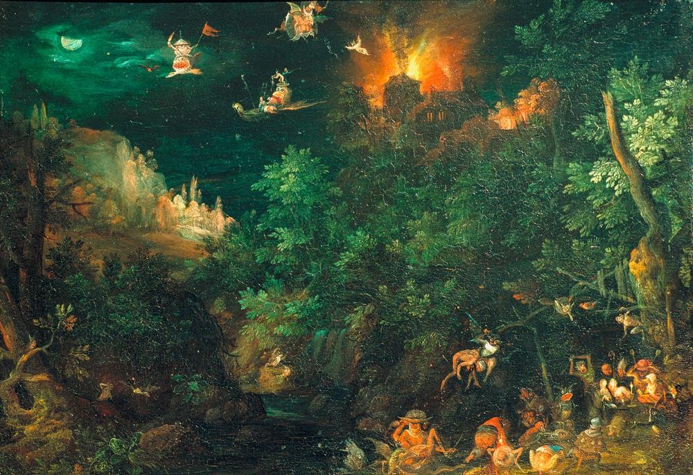 Jan Brueghel der Ältere, Die Versuchung des Hl. Antonius (Christentum,Heilige,Landschaft,Religion,Nacht,Dämon,Manierismus,Heiligenlegende,Versuchung,Phantastische Kunst,Niederländische Kunst)