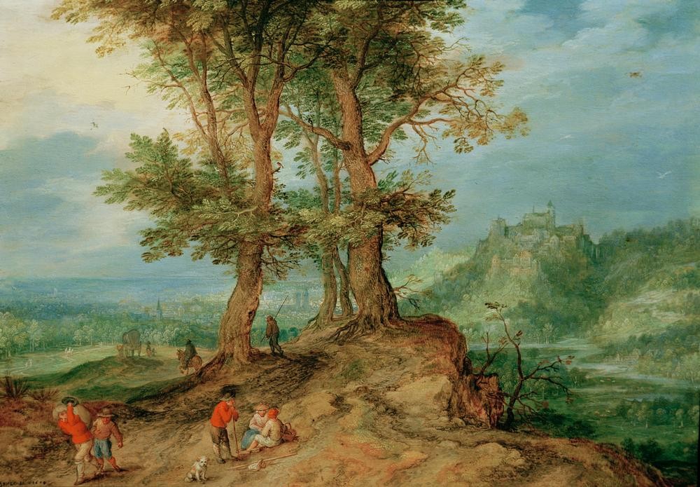 Jan Brueghel der Ältere, Weg zum Markt (Landschaft,Rast,Manierismus,Fussreise,Niederländische Kunst,Fussgänger,Arbeitsweg,Baumgruppe,Strasse (Unbefestigt))