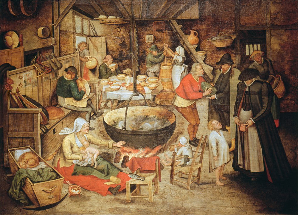 Pieter Brueghel der Jüngere, Besuch beim Mündel (Arm Und Reich,Bauer (Landwirt),Bauernhaus,Besuch,Essen Und Trinken,Familie,Feuerstelle,Feuer,Gesellschaftliches Leben,Gesellschaft,Küche,Möbel,Mutter Und Kind,Bank (Sitzgelegenheit),Stände,Tafelsitten,Volkskunde,Wohltätigkeit,Wohnung,Kleinkind,Unordnung,W)