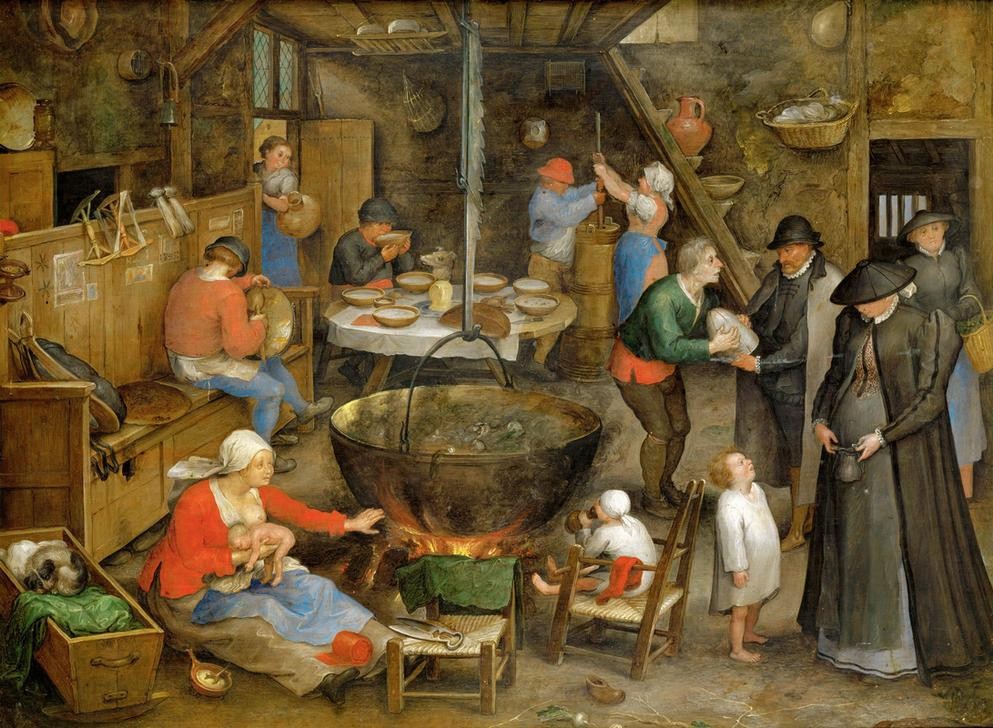 Jan Brueghel der Ältere, Besuch auf dem Pachthof (Arm Und Reich,Bauer (Landwirt),Bauernhaus,Besuch,Essen Und Trinken,Familie,Feuerstelle,Feuer,Gesellschaftliches Leben,Gesellschaft,Küche,Möbel,Mutter Und Kind,Bank (Sitzgelegenheit),Stände,Tafelsitten,Volkskunde,Wohltätigkeit,Wohnung,Kleinkind,Unordnung,W)