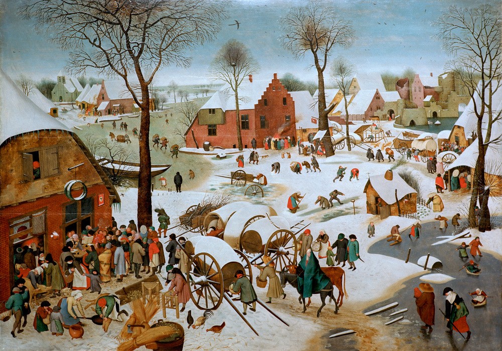 Pieter Brueghel der Jüngere, Volkszählung zu Bethlehem (Christentum,Dezember,Dorf,Eis (Kälte),Jahr Und Kalender,Jahreszeiten,Kinderspiel,Landschaft,Monat,Politik,Religion,Schlachten,Schwein,Strassenszene,Szene,Volkskunde,Vorweihnachtszeit,Winter,Tageszeiten,Nachmittag,Platz,Schnee,Esel,Neues Testament,Bibel,Fa)