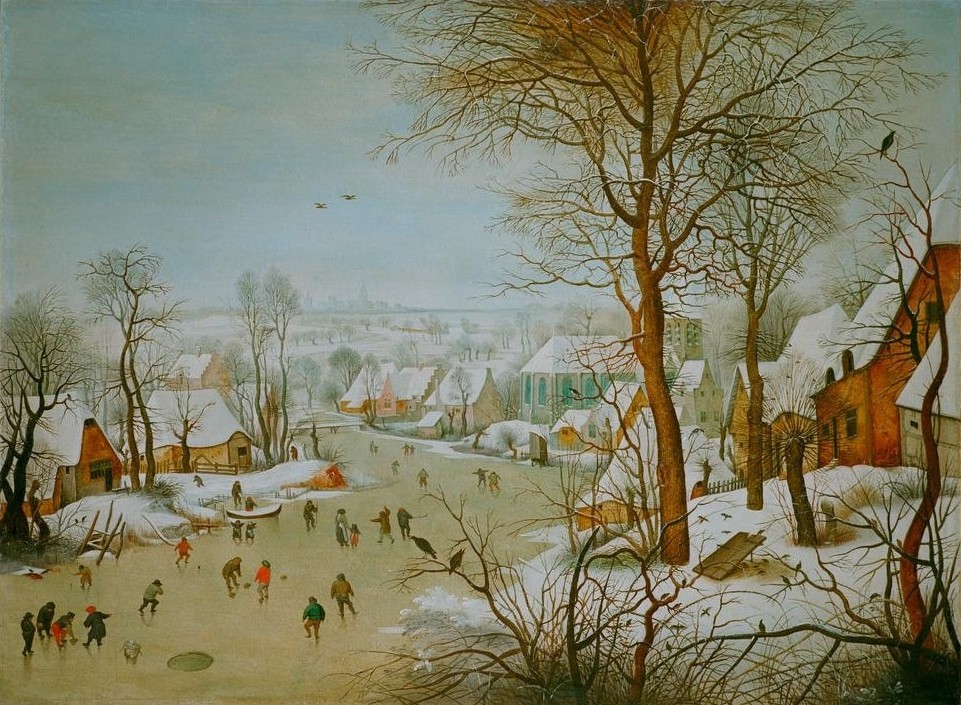 Pieter Brueghel der Jüngere, Winterlandschaft (Dorf,Eislauf,Eisstockschiessen,Falle,Jahreszeiten,Landschaft,Winter,Wintersport,Schnee,Niederländische Kunst,Vogeljagd)